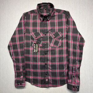 Demons‎ Behind Me Black Pink Plaid Motorcycle Flannel Shirt Skull Logo L  Tall